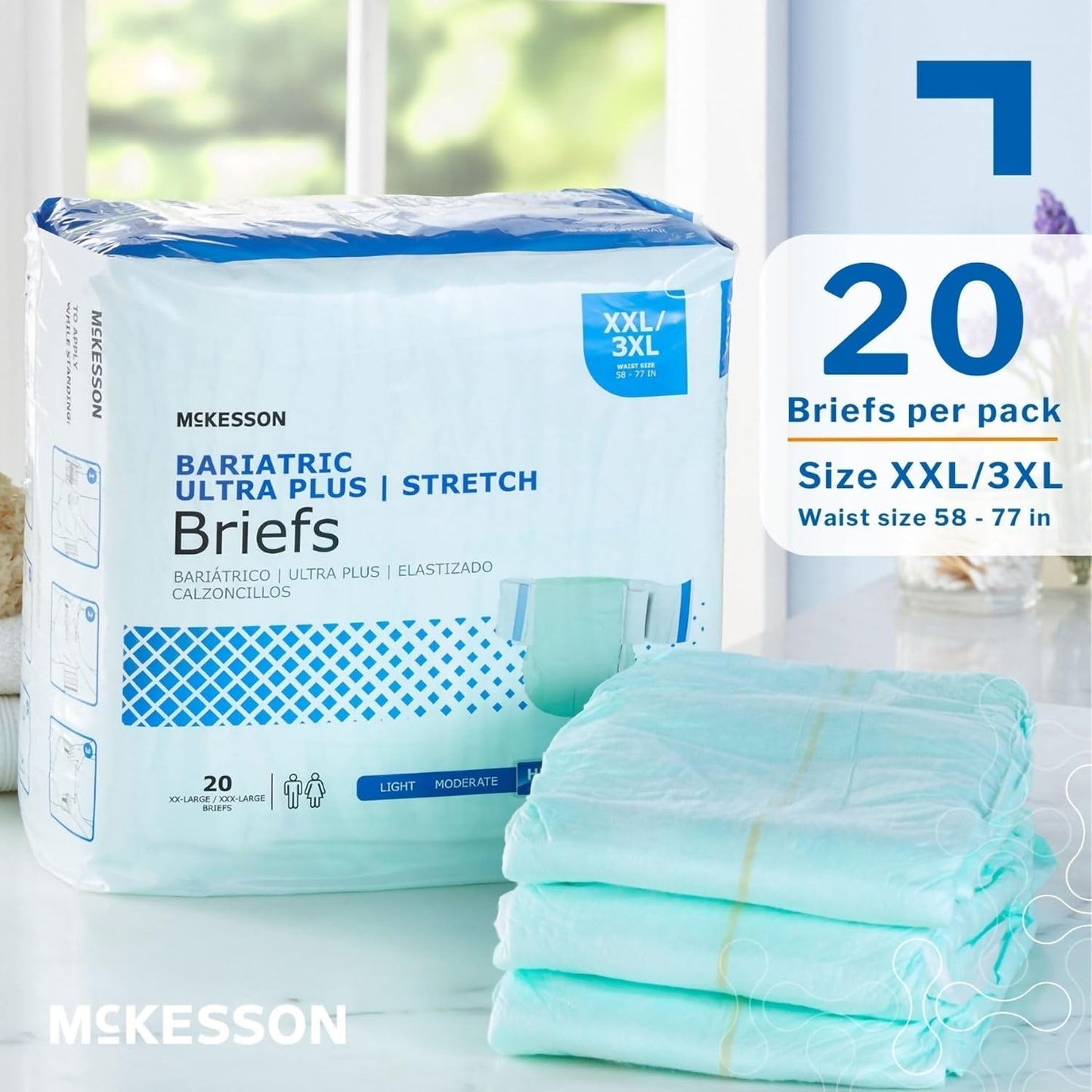 McKesson Ultra Plus Stretch Briefs, [20 Count], XXL/3XL, 58-77 in. Incontinence Adult Diapers, Heavy Absorbency, Unisex, Disposable, Elastic Leg Gathers and Contoured Fit for Men and Women