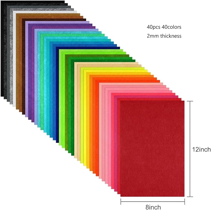 Premium Felt Fabric Sheets, 40 Pack, 8 x 12 Inches, 2mm Thickness