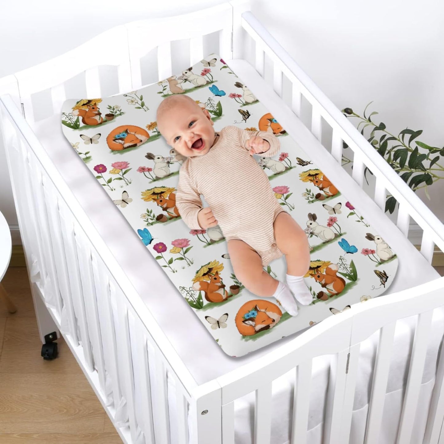 Cute Animals Spring Flowers Baby Changing Pad Covers Boy Girl 32''x16'' Bunny Fox Squirrel Butterflies Floral Fitted Diaper Change Table Mats Forest Soft Breathable Nursery Changing Table Sheets