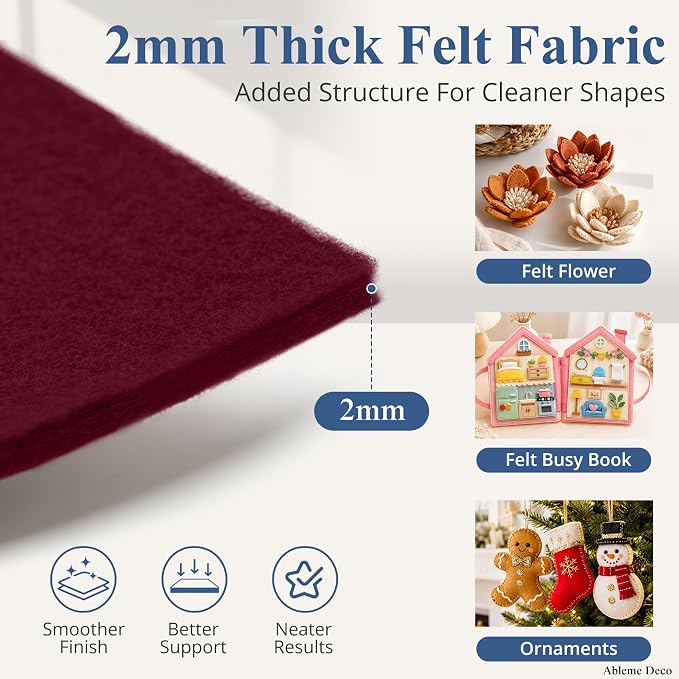 12" x 12" Felt Sheets for Crafts, 2mm Stiff Felt Fabric, Burgundy | 2mm Thick