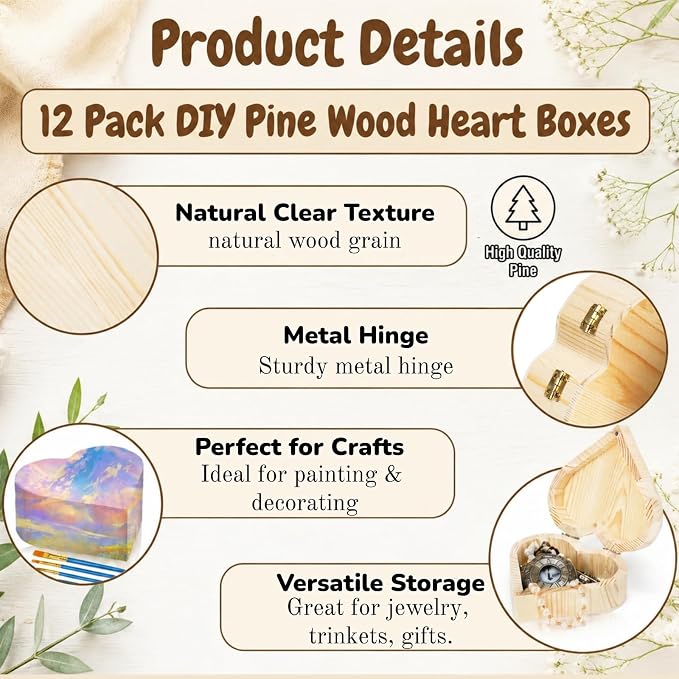 Acshio 12 Pack Unfinished Wood Heart Box, Unpainted DIY Treasure Chest