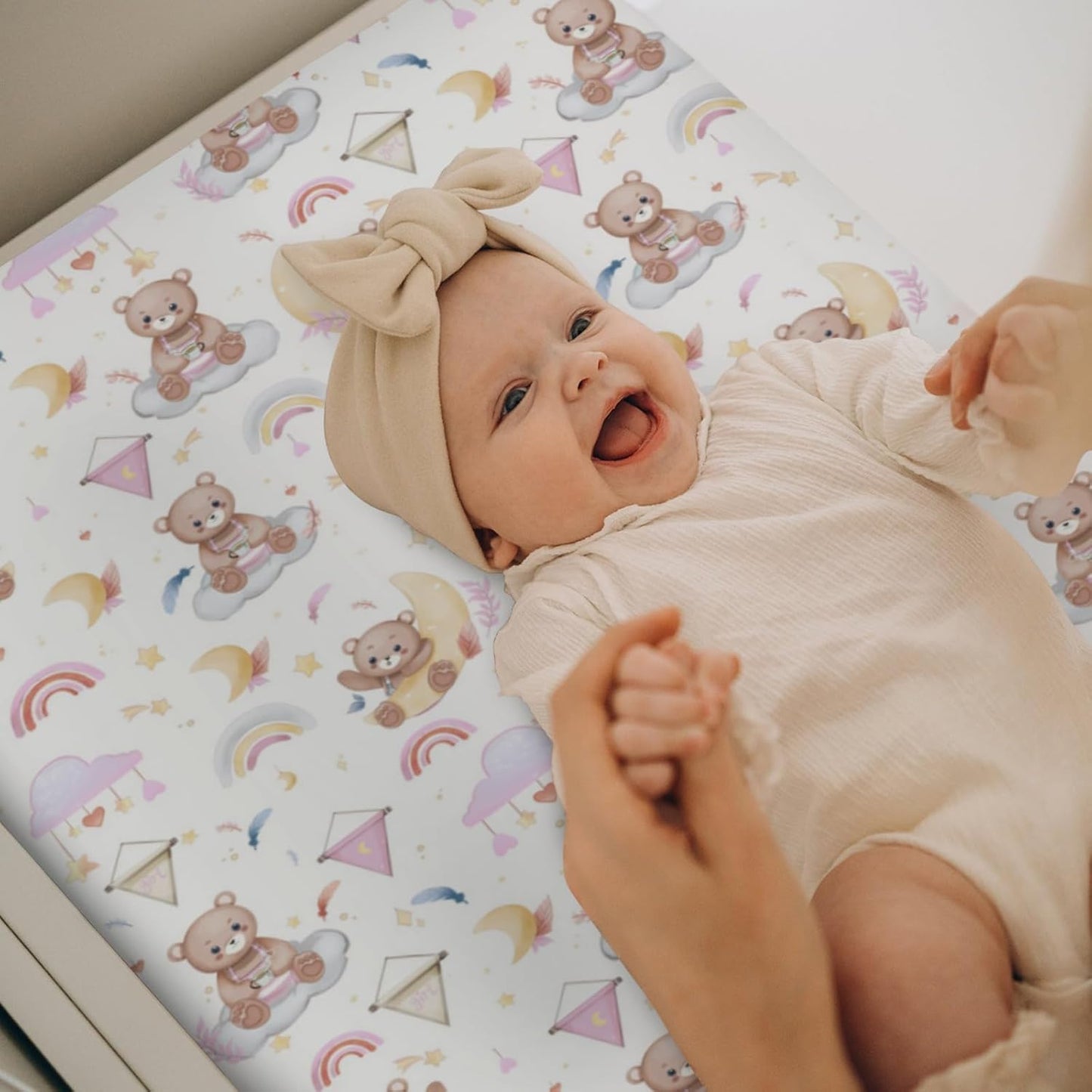 Watercolor Bear Rainbow Pink Changing Pad Covers for Baby Girls Cute Bears Moon Stars Clouds Fitted Change Table Covers Mats Animal Soft Diaper Changing Table Sheets for 32''×16'' Contoured Pad