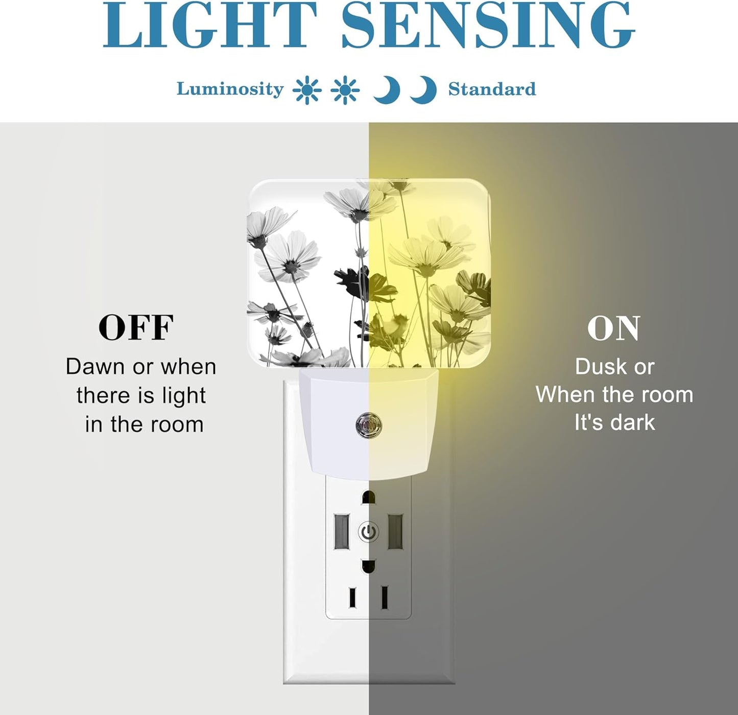 Black and White Daisy Plug in Night Lights, Daisy Flowers Nightlight Plug Into Wall Dusk to Dawn Sensor for Kid Girls Boys Women Men Room, Hallway, Kitchen, Bathroom, Stairs Decor
