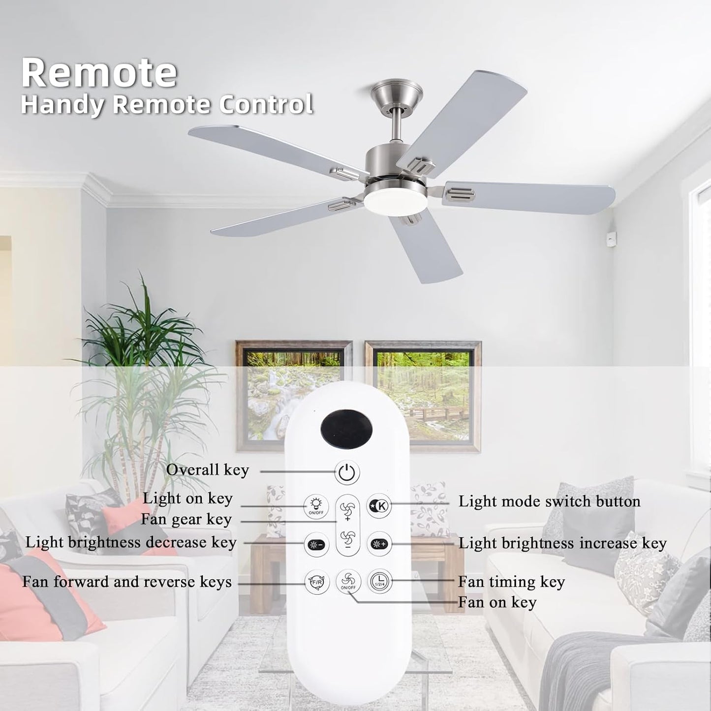 52inch Ceiling Fans with Lights and Remote/App Control, Double-Side Blades, Dimmable LED, Reversible DC Motor, Noiseless, Modern Low Profile Ceiling Fan for Indoor/Outdoor Use (Nickel)