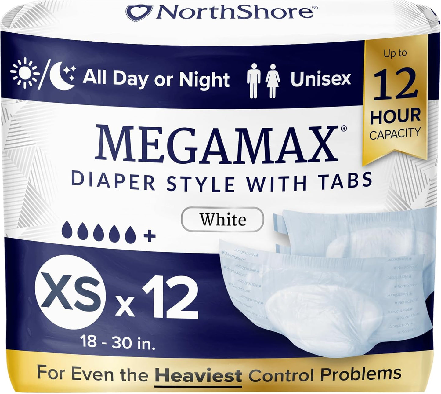 NorthShore MegaMax Adult Overnight Diapers, 12-Hour Tab-Style, X-Small, 12 Count Bag, White, 18-30 inches, Unisex Incontinence Underwear