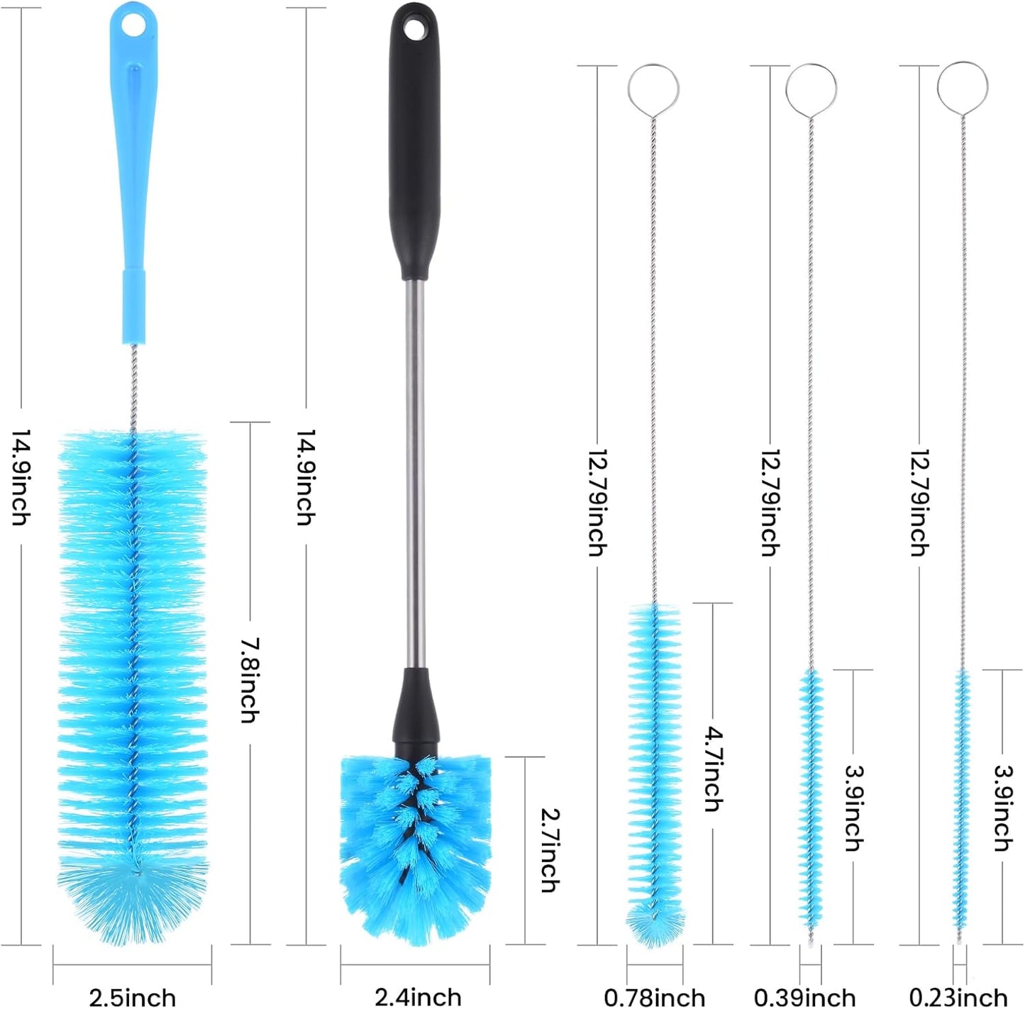 5 Pack Bottle Brush, Straw Cleaner Brush & Water Bottle Brush,15in Stainless Steel Brush, 3 Straw Brushes, 3-in-1 Bottle Cleaning Brush for Water Bottle, Coffee Mugs, Straws-Blue