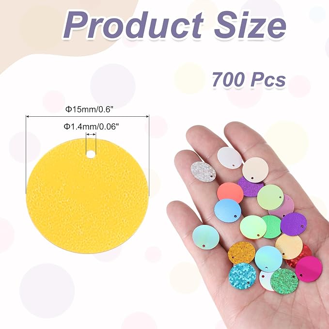 MECCANIXITY 700 Pcs Flat Round Sequins 15mm/0.6 Inch Loose Paillettes Craft