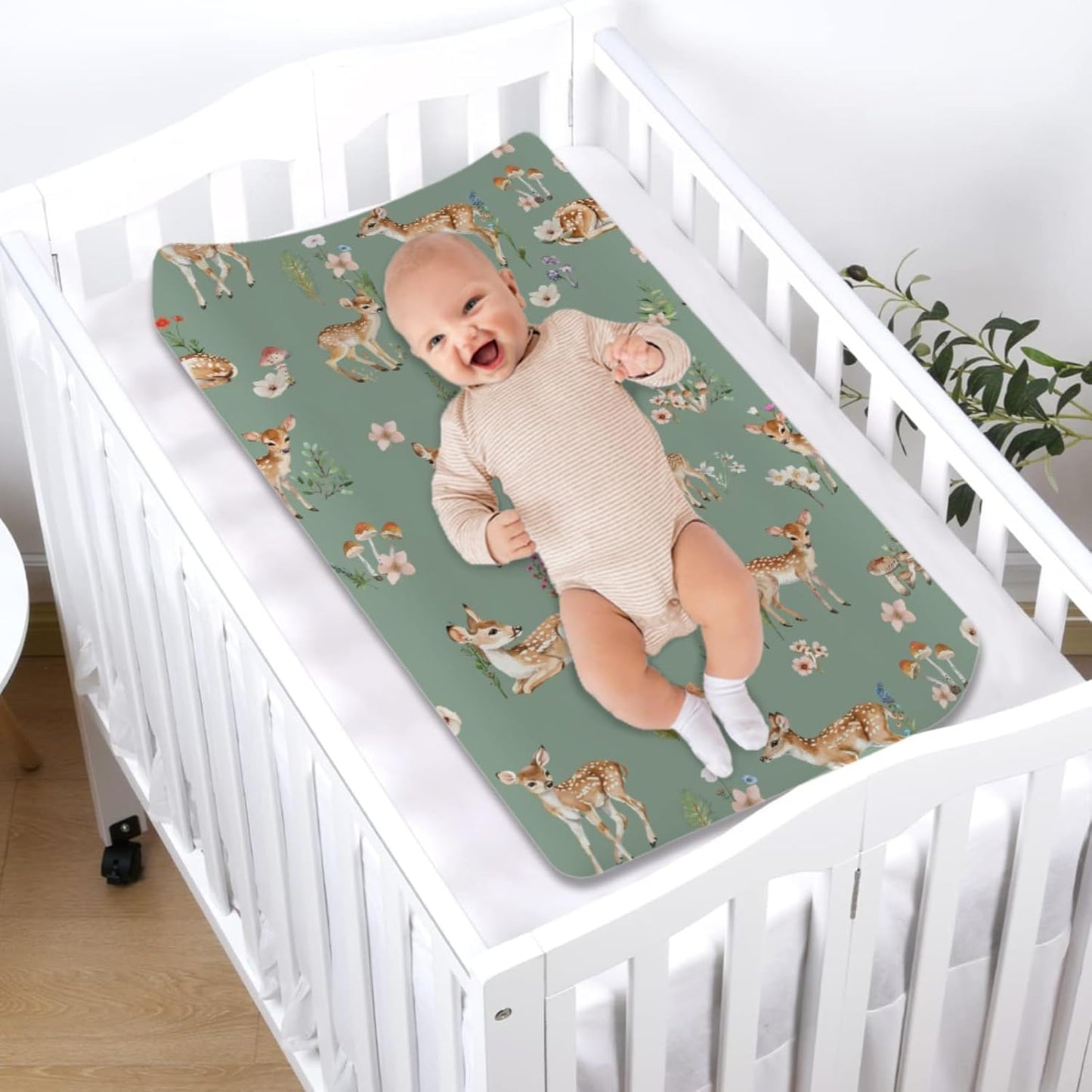 Spring Animal Changing Pad Cover Deer Mushroom Flowers Leaves Forest Baby Nursery Diaper Changing Pad Sheets for Boy Girl Soft Breathable Stretch Fitted Changing Table Sheets Mats 32''x16''