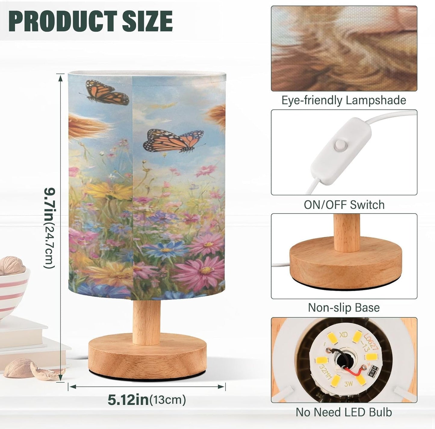 Highland Cow Flowers Table Lamp Bedroom Bedside Night Reading Desk Lamps Cylinder Nightstand Sleeping Light Lamp for Kids Living Room Office Decor