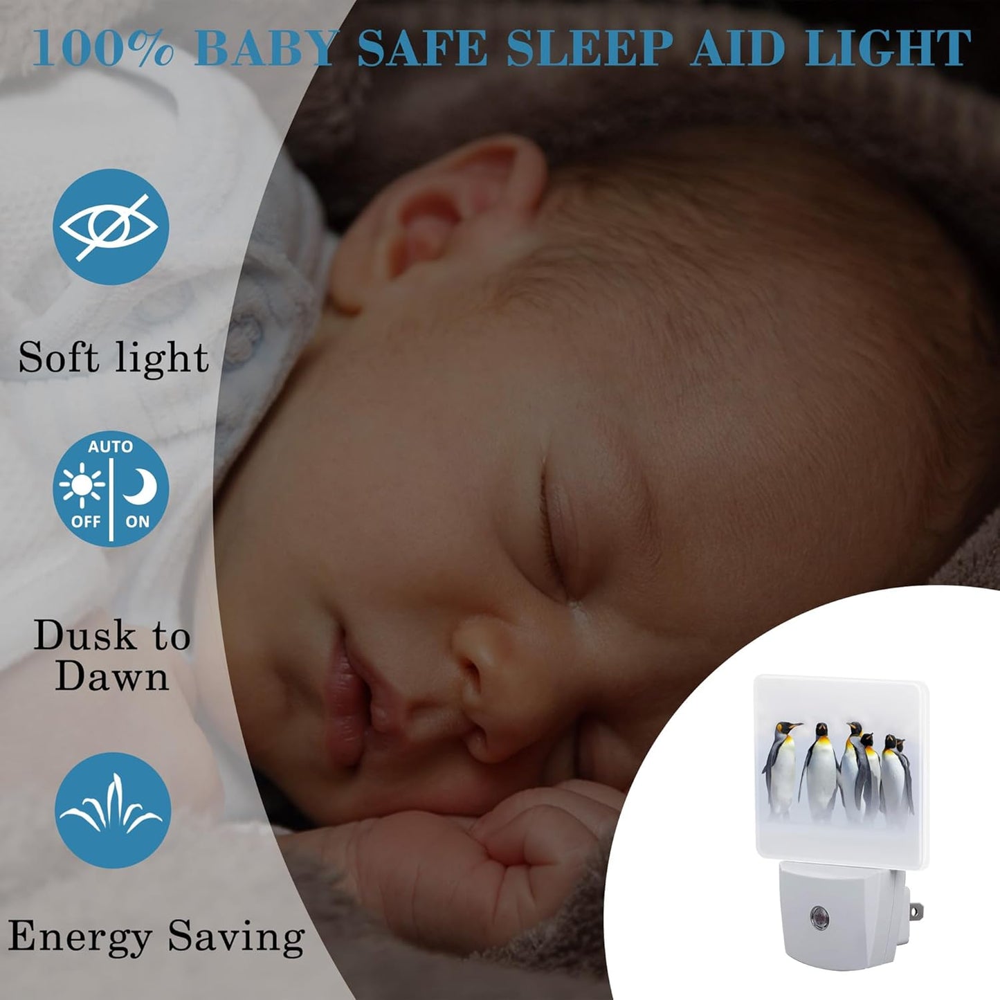 Night Light for Kids Girls Boys, King Penguins in White Habitat LED Night Light Plug into Wall with Dusk to Dawn Sensor for Room Decor, Hallway, Kitchen, Bathroom, Nursery, Stairs