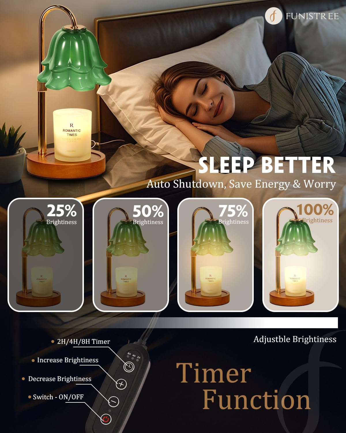 Green Candle Warmer Lamp with Timer & Dimmer, Adjustable Height Christmas Gifts Birthday Gifts for Women Mom, Flower Candle Lamp Warmer, Wax Warmer with 2 Bulbs, House Warming New House Decorations