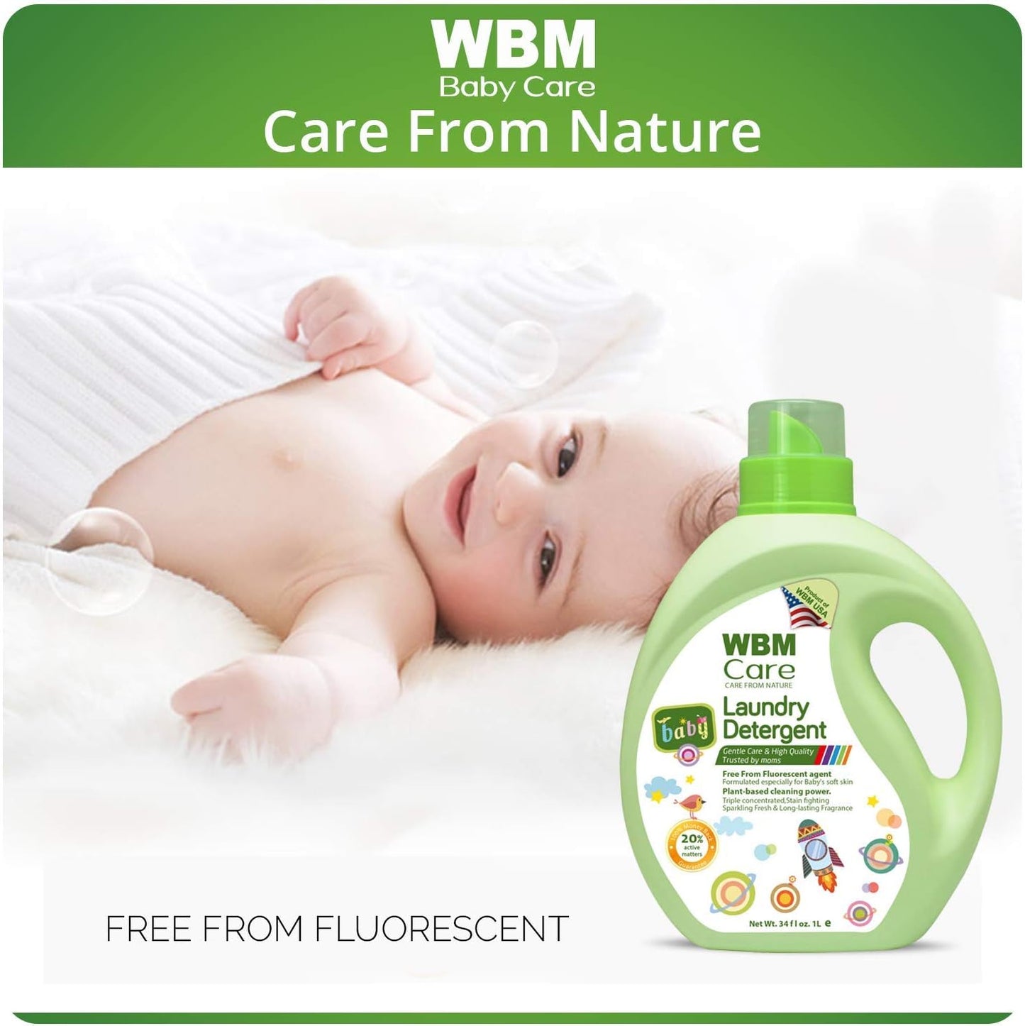 WBM Plant-Based Laundry Detergent Liquid – 34 fl oz, 50 loads total. Eco-friendly formula for powerful cleaning, gentle on fabrics, and safe for the environment