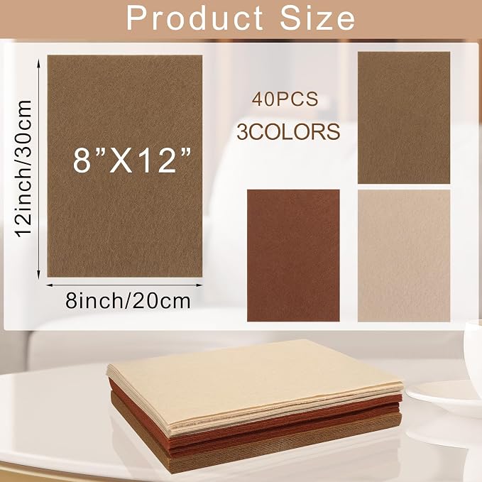 40 Pcs Stiff Felt Fabric Sheet for Crafts, 1mm Thick and 8”x12”Brown Series