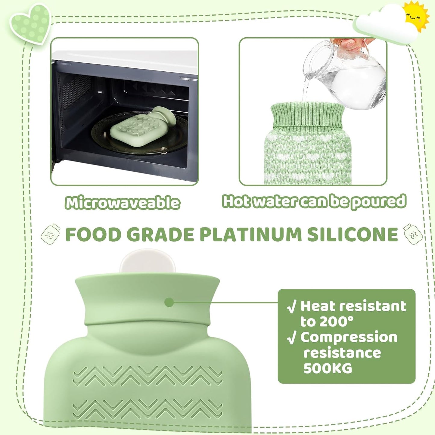 Amylove Mini Hot Water Bottle 320ml for Hot & Cold Compress with Cover Silicone Microwave Heating Small Water Bag for Travel Pain Relief Holiday Gifts(Green)