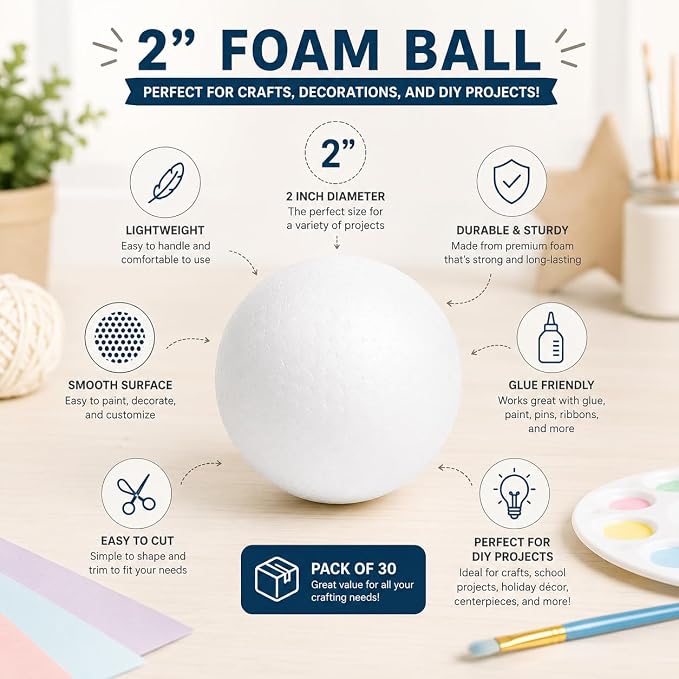 Evershine 30 Pack 2 Inch Craft Foam Ball