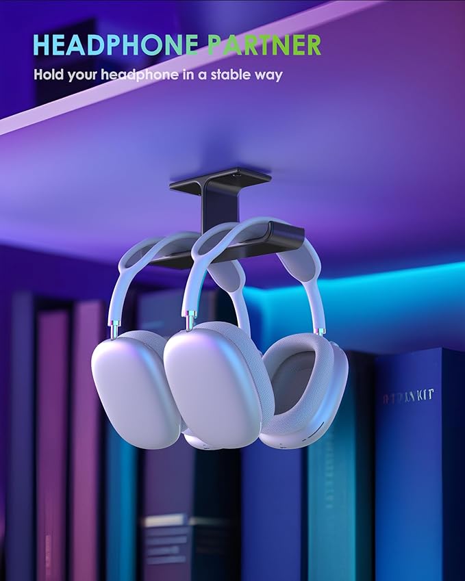 All Aluminum Headset & Headphone Stand Hanger Under Desk Headphone Holder Hook with Strong Adhesive & Screws, Desk Accessories for PC Gaming Headset Holder Mount, Office Table Shelf Storage,Bag Hooks