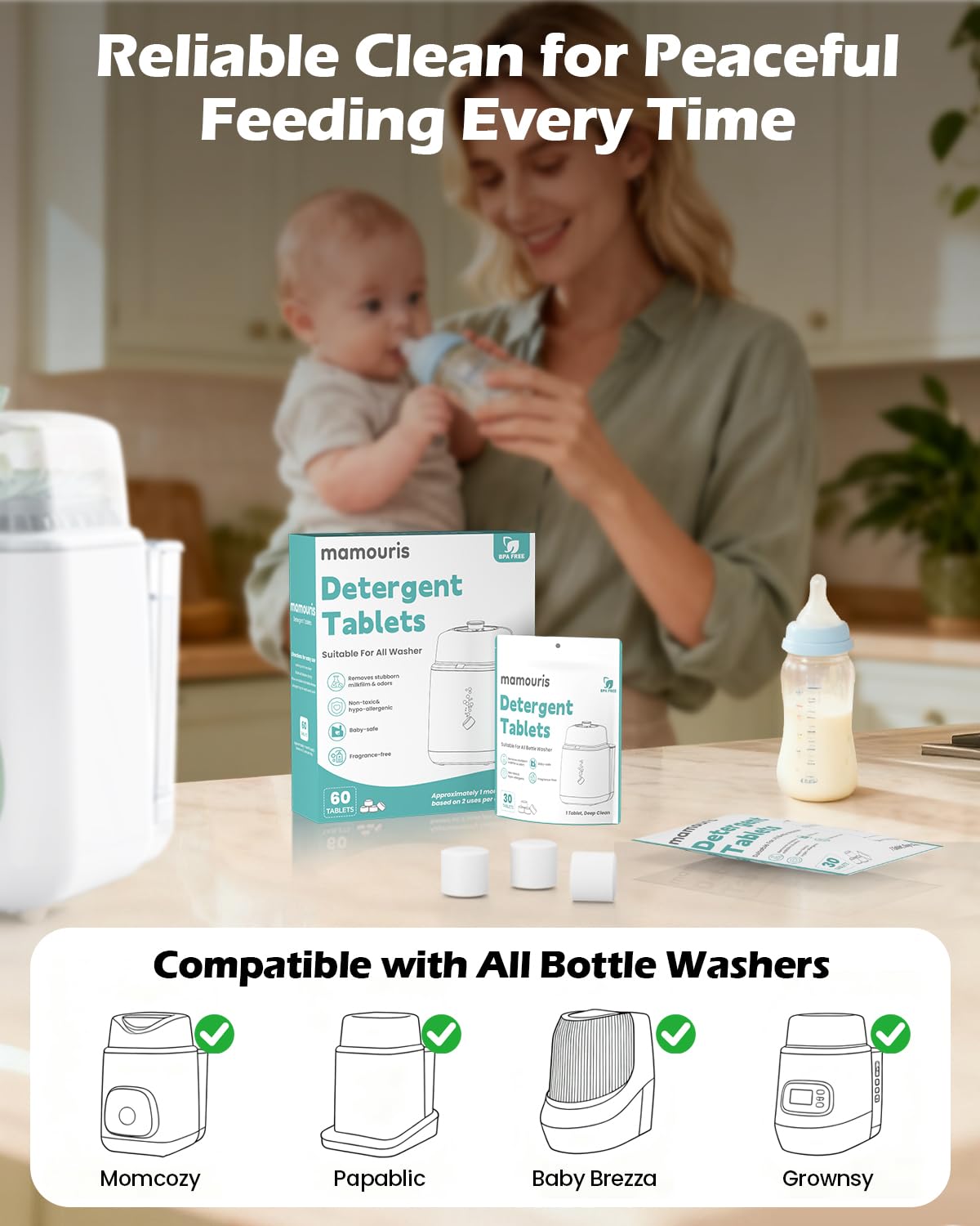 60PCS Official Detergent Cleaning Tablets: for Baby Brezza Grownsy Papablic Momfann Bottle Washer - Baby Bottle Washer Tablets for All Brands Bottles Washers Machines