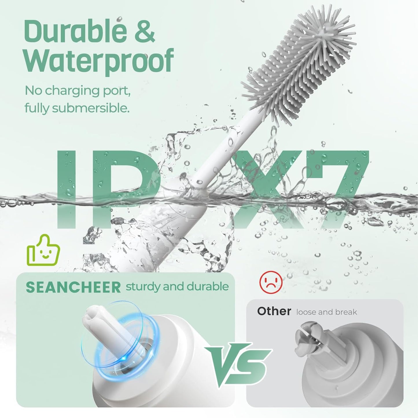 SEANCHEER S02 Electric Bottle Brush Set, Portable Baby Bottle Brush Cleaner, AA Battery-Powered & IPX7 Waterproof, with Silicone Bottle/Nipple/Sponge/Straw Brush, for New Parents (Extra-Long)