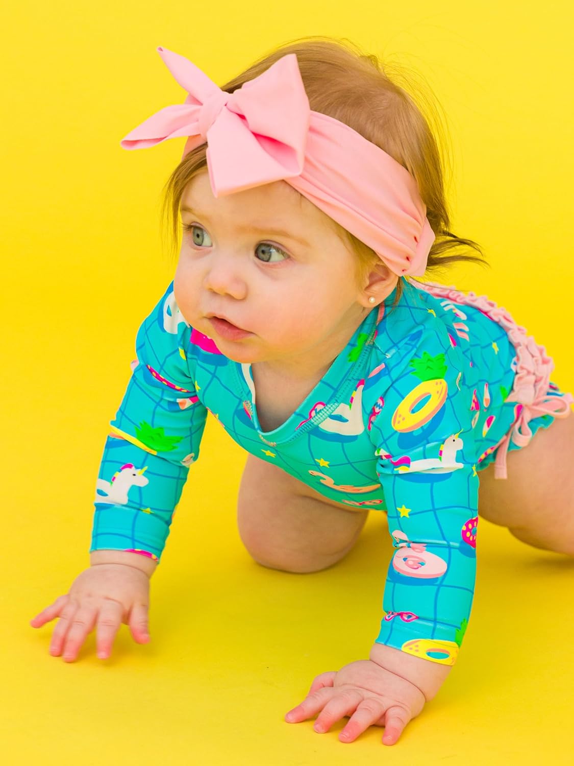 RuffleButts Baby Girls UPF 50+ Sun Protection Novelty Print Long Sleeve One Piece Rash Guard Swimsuit with Zipper