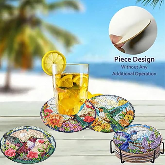 8 Pack Diamond Art Coasters, Hummingbird flowers Diamond Painting Coasters |