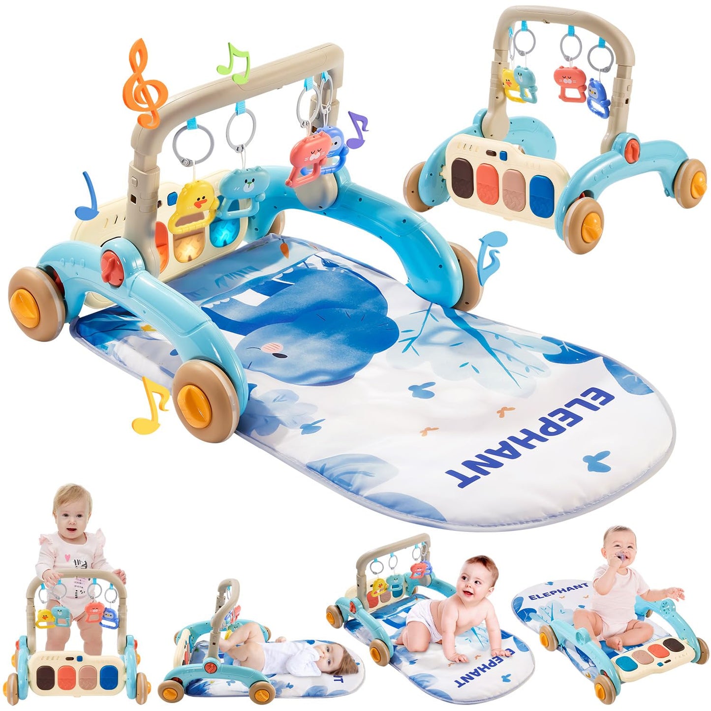 Baby Play Gym Walker Kick and Play Piano Gym for Boys Girls Play Mat Musical Tummy Time Mat Infant Christmas Newborn Gifts Toddlers (Elephant Upgraded)