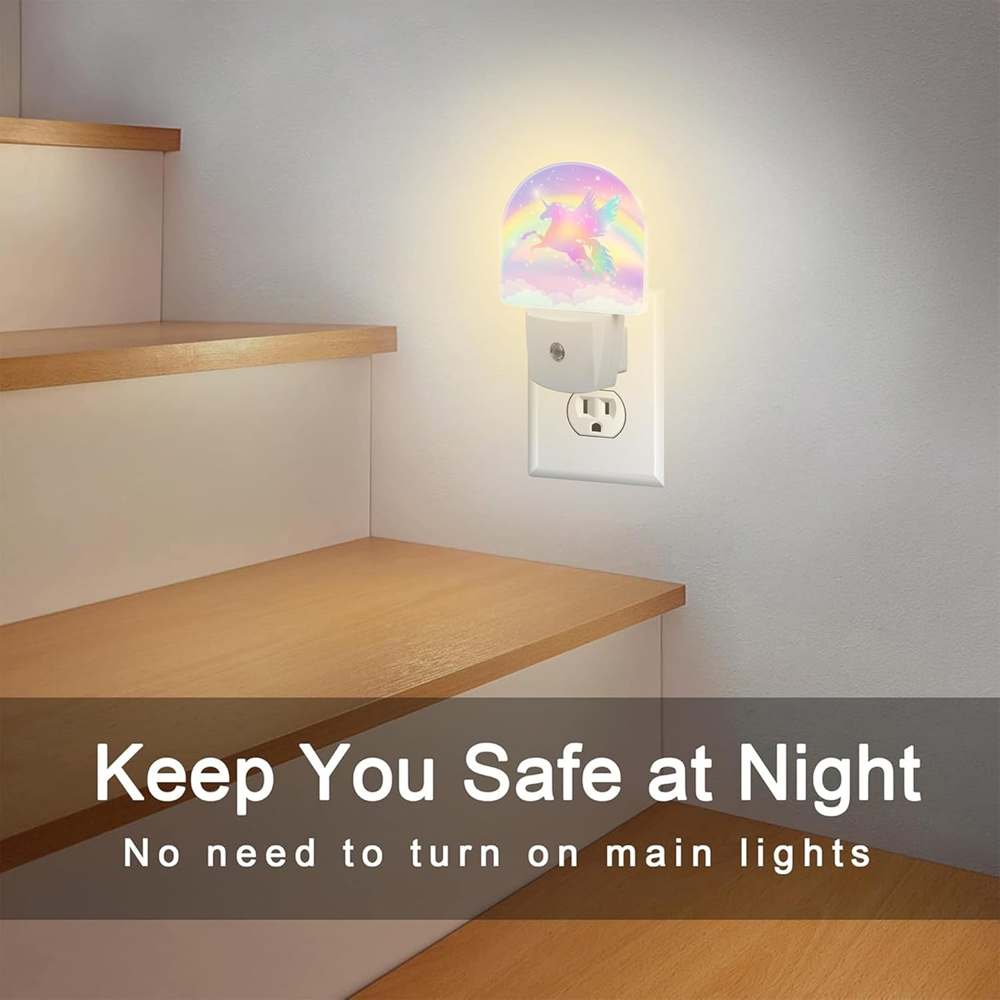 Flying Unicorn and Rainbows Night Light Plug into Wall, Shining Stars and Unicorn Dusk to Dawn Night Light,0.5w Energy Saving Sleep Friendly Nightlights for Kids Boys Girls Home Decor