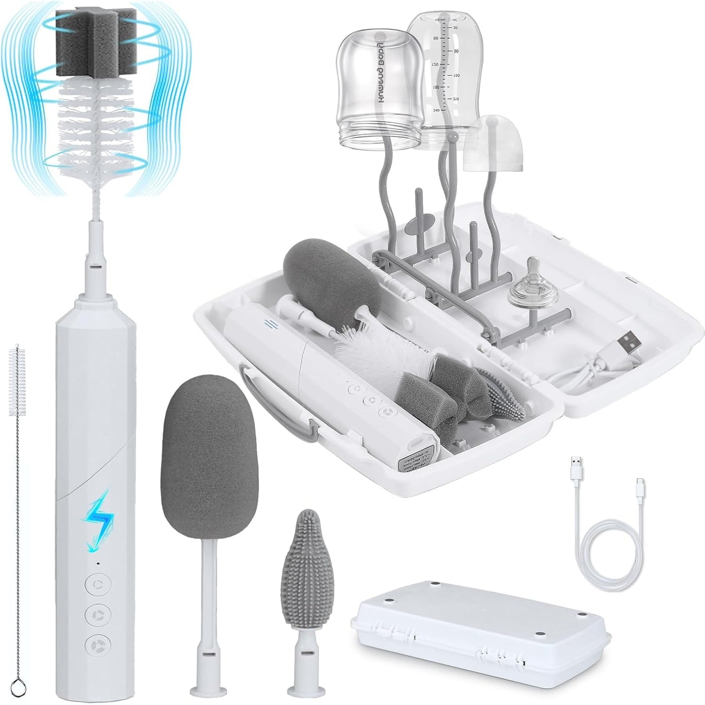 Yoobao Electric Baby Bottle Cleaner Kit, Rechargeable Travel Bottle Cleaner Set with Drying Rack, 3 Speed Cleaning Modes, Nipple, Straw, Sponge Brush, Ideal Present for After Birth Moms
