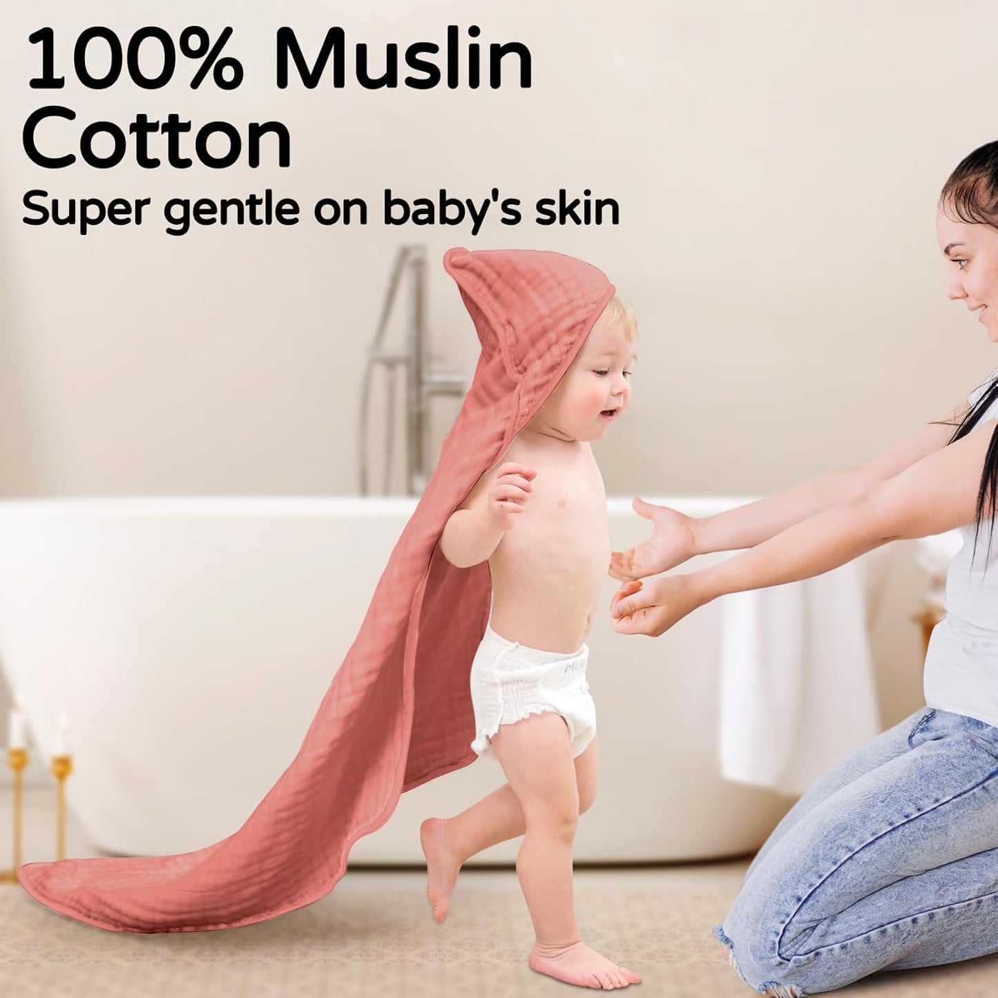 Yoofoss Hooded Baby Towels for Newborn 2 Pack 100% Muslin Organic Cotton Baby Bath Towel with Hood for Babies, Infant, Toddler and Kids, 32x32Inch, Soft and Absorbent Newborn Essential,Pink Rainbow