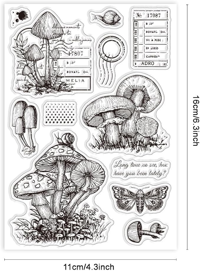 GLOBLELAND Vintage Mushroom Text Clear Stamps