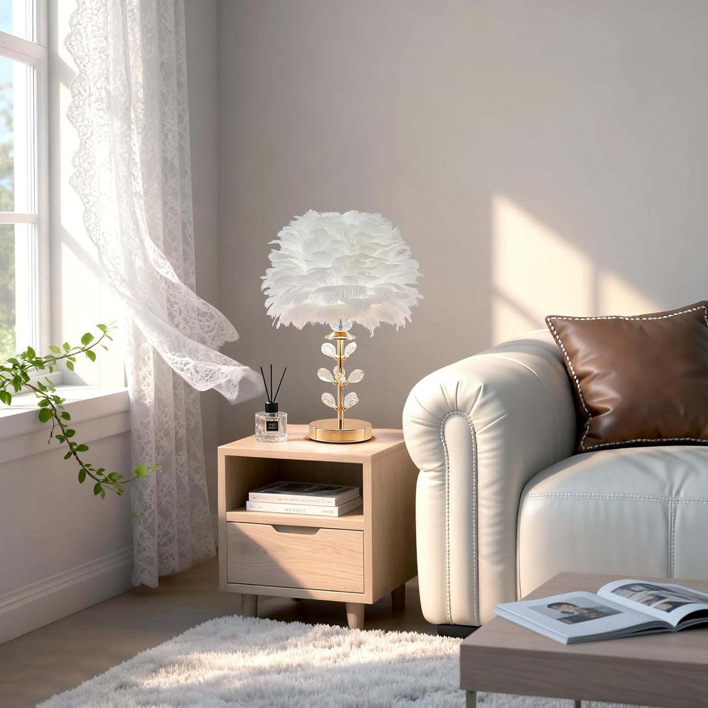 Chic White Feather Lamp Creative Fluffy Table Lamp Cute Kids Bedside Lamp Modern Feather Desk Light for Teen Girls Bedroom Living Room Entryway Study Room Wedding Deco