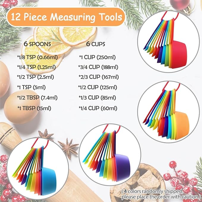 12 Piece Measuring Cups and Spoons Set, Colored Kitchen Measure Tools, Durable