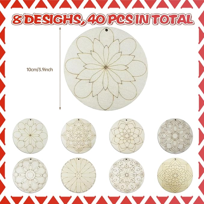 40Pcs DIY Unfinished Mandala Painting Wood Craft Wooden Chips Coloring