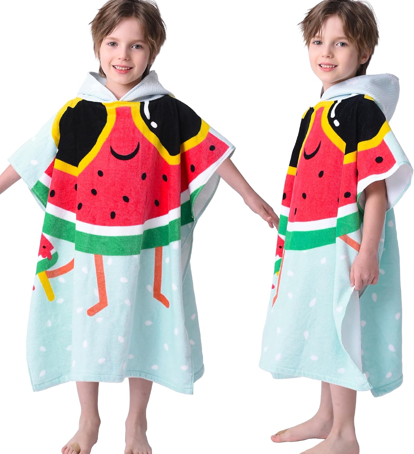 VOOVA & MOVAS Kids Beach Towels with Hood (4-8Years,28"X58") Super Absorbent Soft Cotton Bath | Pool Poncho Towel for Boys and Girls, Perfect for Summer | Swim | Gifts, Watermelon