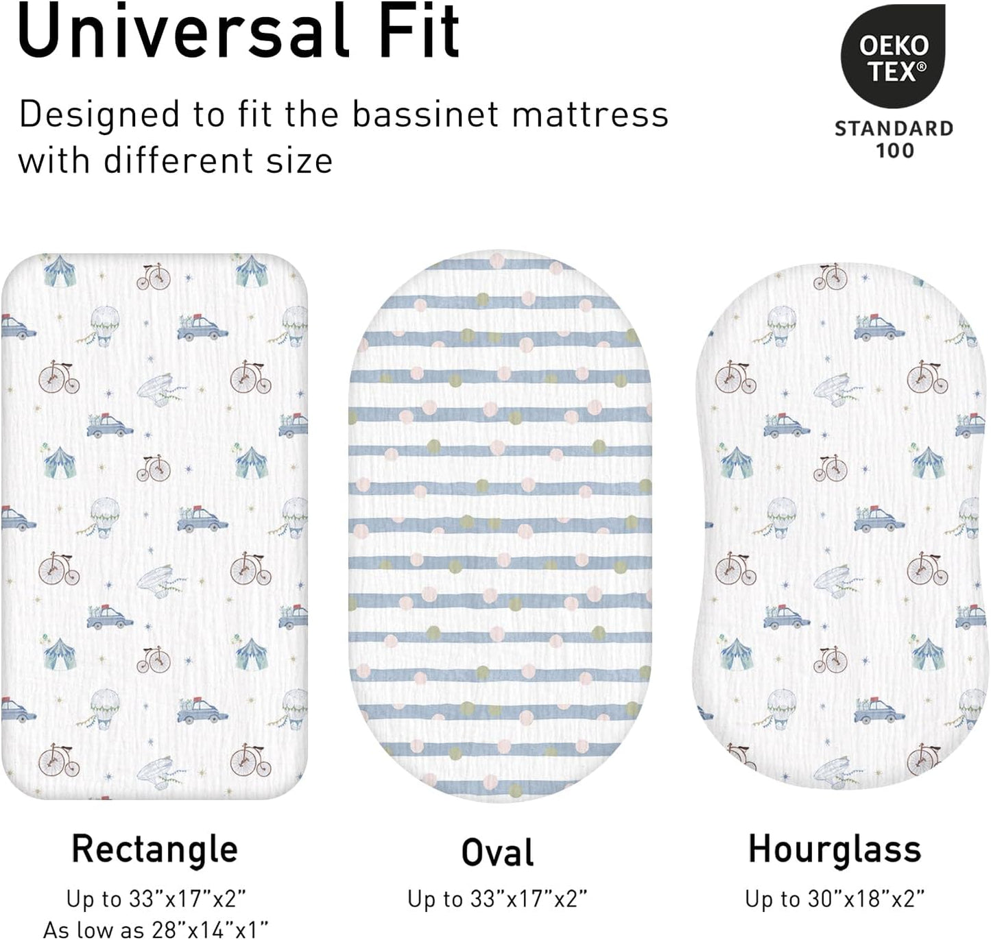 Muslin Bassinet Fitted Sheets, 2 Pack for Baby Boy and Girl, Soft Breathable Baby Pad/Mattress Sheet, Fit for Hourglass Oval and Rectangle Bassinet Mattress (Cute Cars)