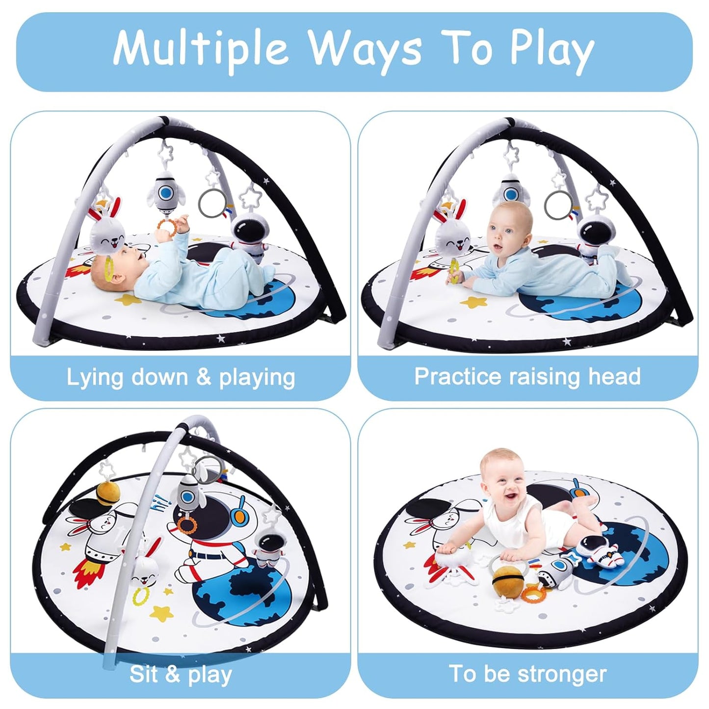Lovvie & Joy Baby Play Activity Gym Tummy Time Mat for Newborn Infant,Baby Gyms & Playmats for Babies 0-6 9 12 Months with 5 Toys for Early Sensory Exploration and Motor Skill Development Space