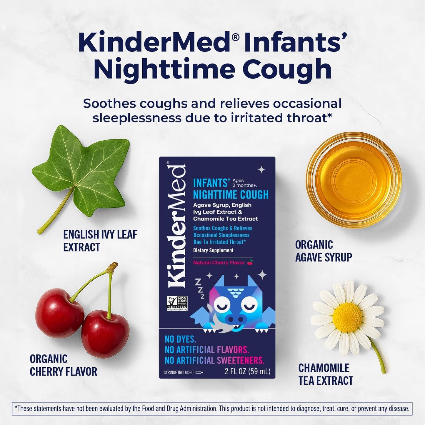 KinderMed Infants' Nighttime Cough, Organic Agave Syrup, Chamomile Tea Extract, No Dyes, No Artificial Flavors or Sweeteners, 2 Months+, Natural Cherry Flavor, 2 fl. oz (Pack of 2)