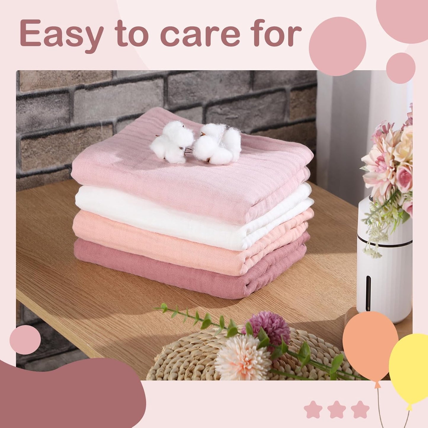 Peryiter 4 Pcs Muslin Hooded Baby Towels, 32"x 32" Cotton Newborn Bath Towel Muslin Infant Baby Blankets Absorbent Unisex Christmas Registry Gift Essentials for Girls Boys (Light Pink)