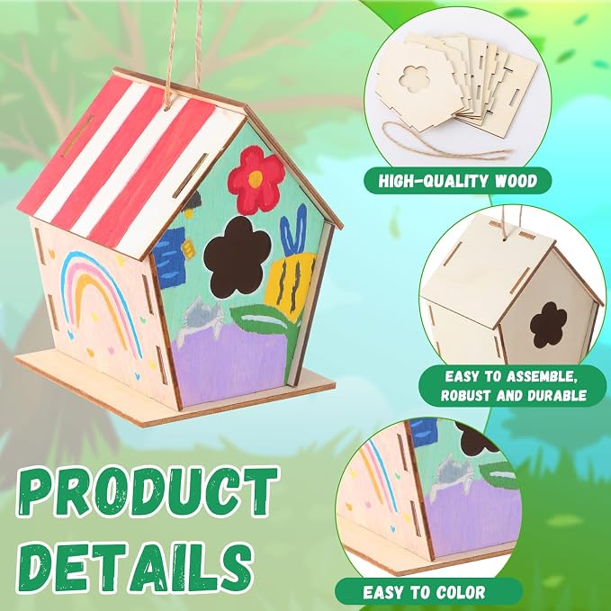 DoubleFill 60 Pcs 4. 33" DIY Wooden Birdhouses Craft