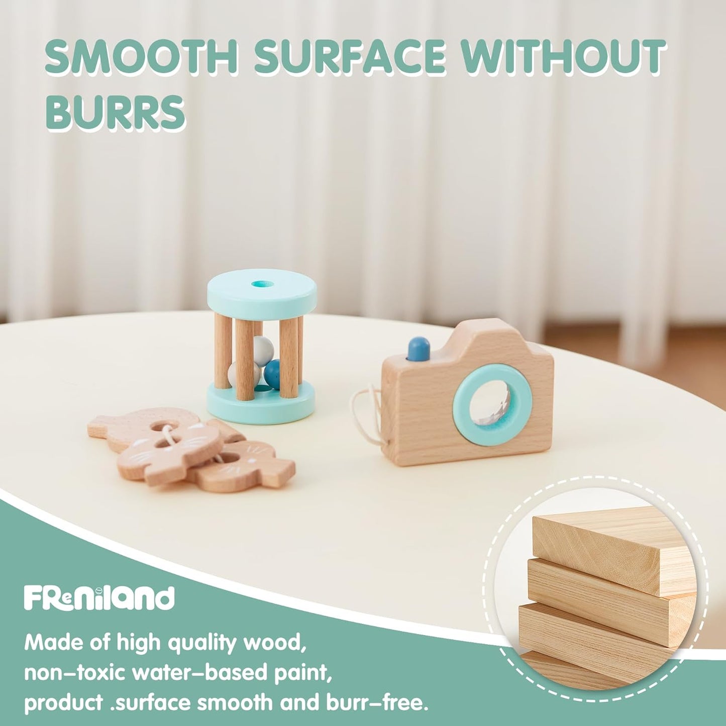 FReniland Wooden Montessori Toys, 3-Piece Wooden Baby Toys, Rotating Drum Toy, Camera Kaleidoscope Toys, Baby Key Rattles,Newborn Baby Gift Sets for Boys and Girls