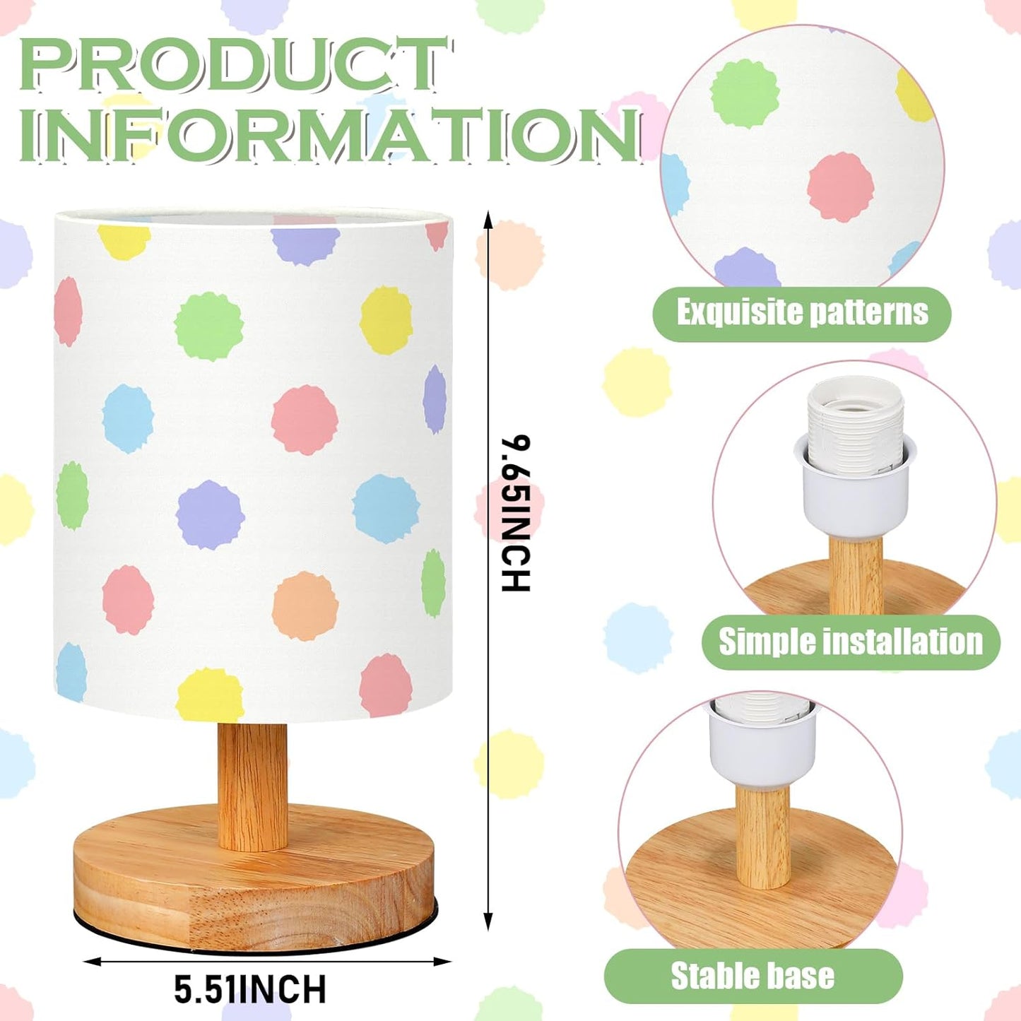 VIHOSE Polka Dot Kids Table Lamp for Bedroom Kids Bedside Lamp with Linen Wooden Nightstand Cartoon Nursery Lampshade for Girls Boys Living Room