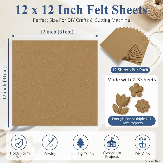 12" x 12" Felt Sheets for Crafts, 2mm Stiff Felt Fabric, Tan | 2mm Thick Stiff