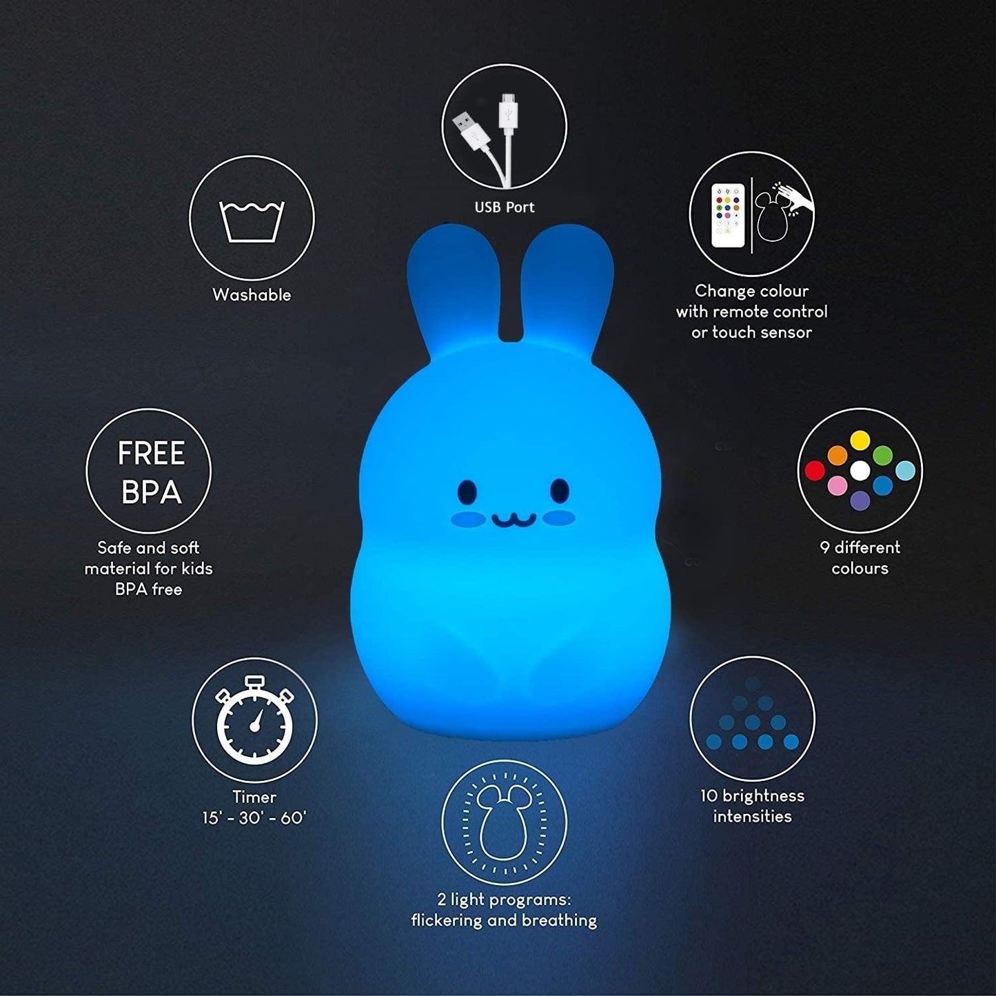 Rabbit Night Lights for Kids, Babies Nursery Lamp, Kids lamp, Child Bedroom Bedside Lamp, Changeable Brightness & Color Children's Table Night-Lights, Holiday Gifts, Child Gift - Medium