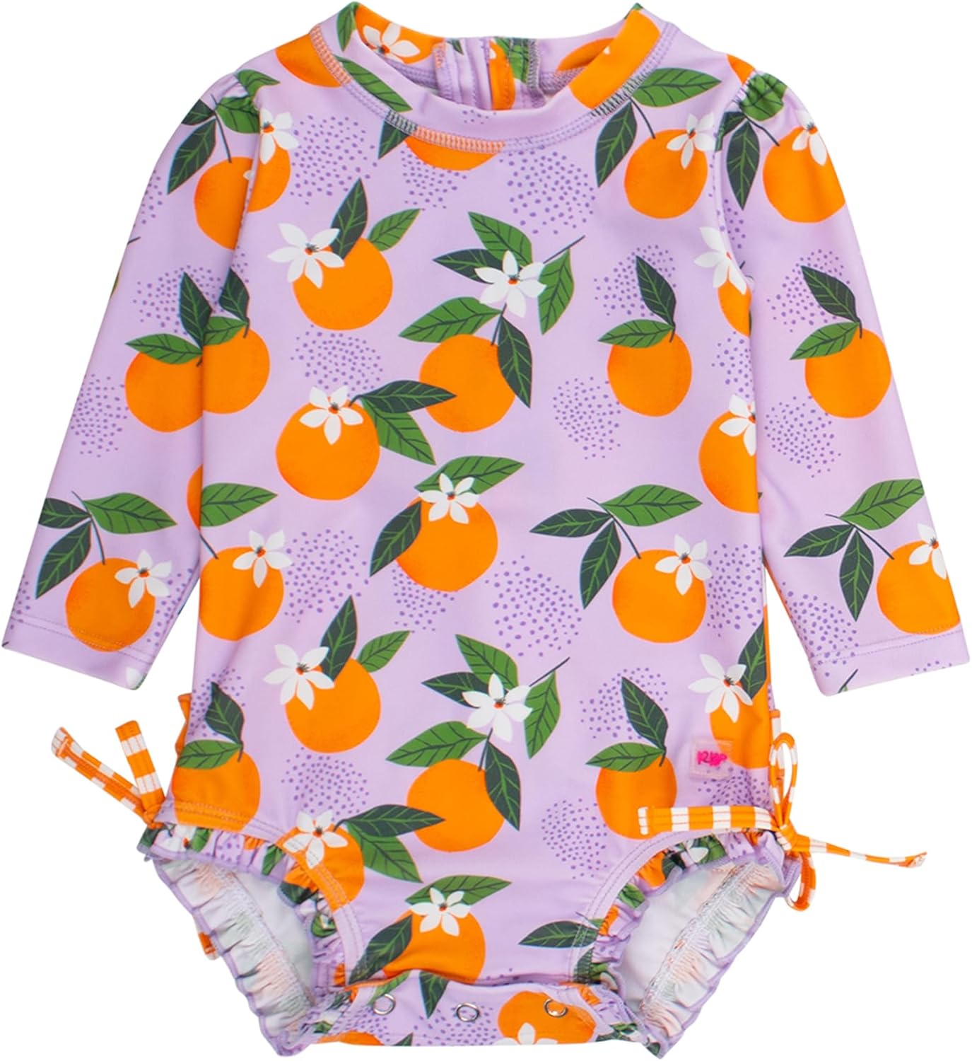 RuffleButts Baby Girls UPF 50+ Sun Protection Novelty Print Long Sleeve One Piece Rash Guard Swimsuit with Zipper