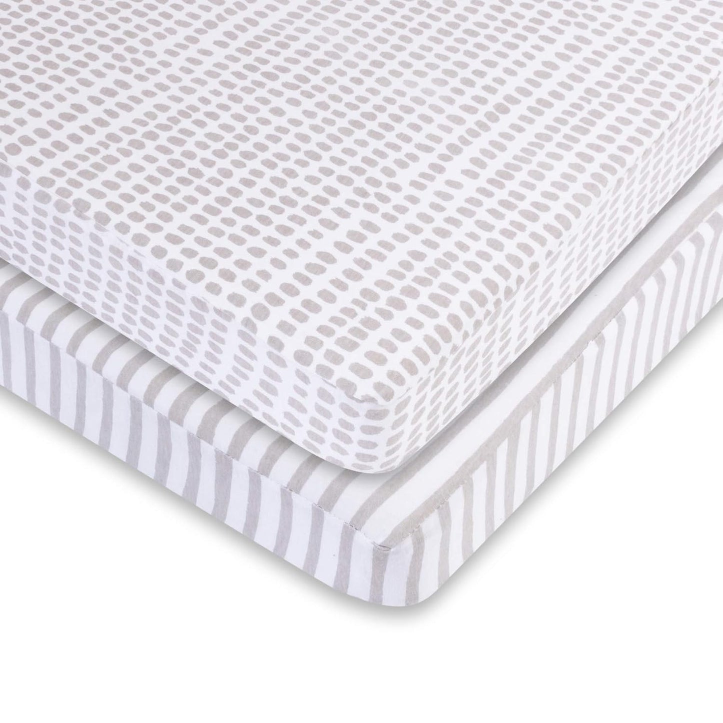 Ely’s & Co. Waterproof Pack and Play/Mini Crib Sheets – All-in-One Mattress Protector and Fitted Playard Sheets – Jersey Cotton – Grey Splash & Stripes, Gender Neutral Nursery Bedding – 2-Pack