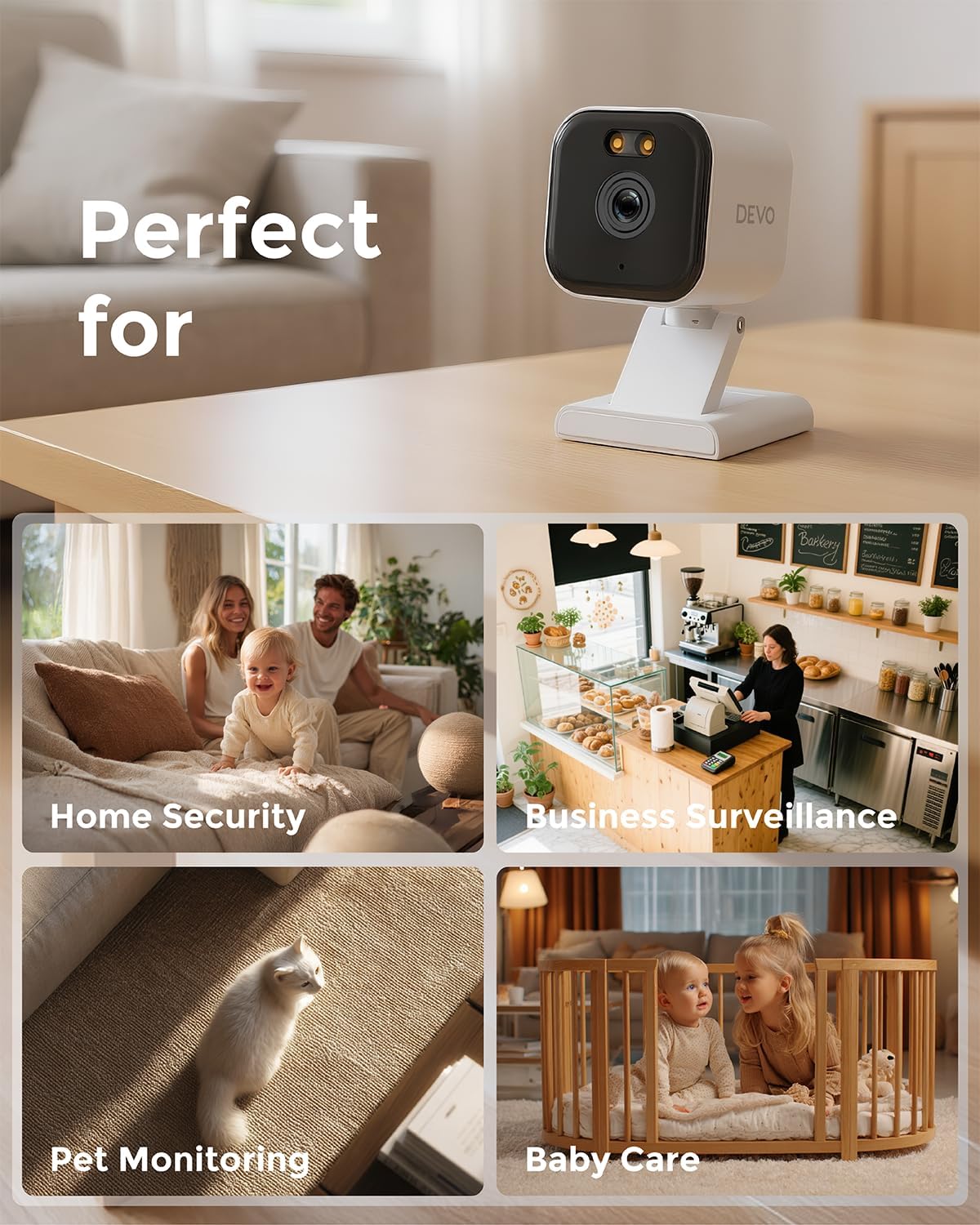 Devo Security Camera 2K |WIFI6 | Indoor |Baby Monitor & Pet Camera | 2-Way Audio, Color Night Vision, Live Stream, Motion Alerts & Notifications White,1 Cam