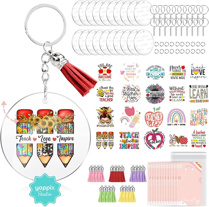 YOPPIX 140 PCS Acrylic Keychain Blank Set, Teachers Double-Sided UV DTF