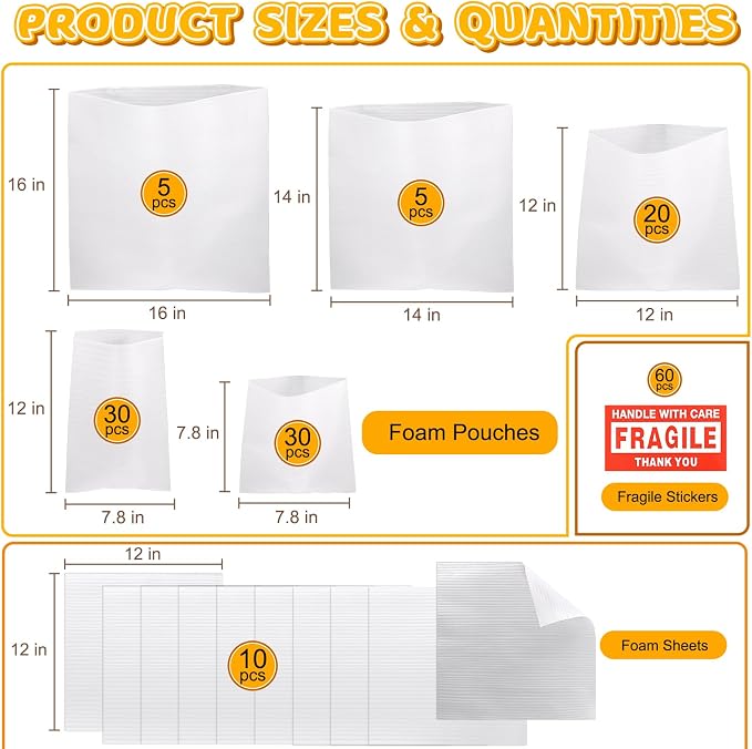 160 Pcs Packing Moving Foam Pouches & Sheets, 5 Sizes Cushion Foam Wrap Pouches