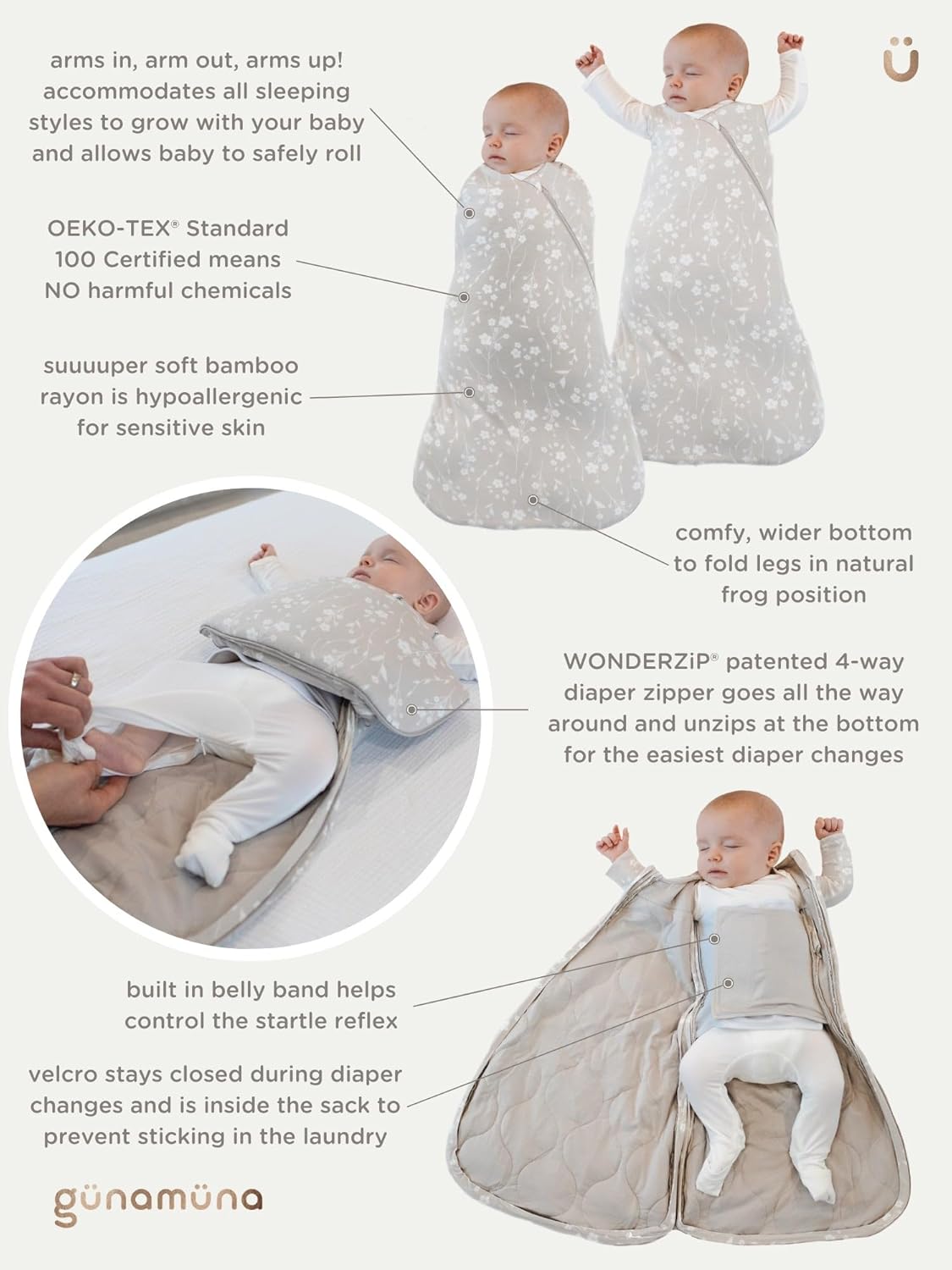 GUNAMUNA Swaddle Wrap for Newborns – Arms In or Out, Easy Diaper Changes with WONDERZiP, Soft Sleep Sack, 1.0 TOG