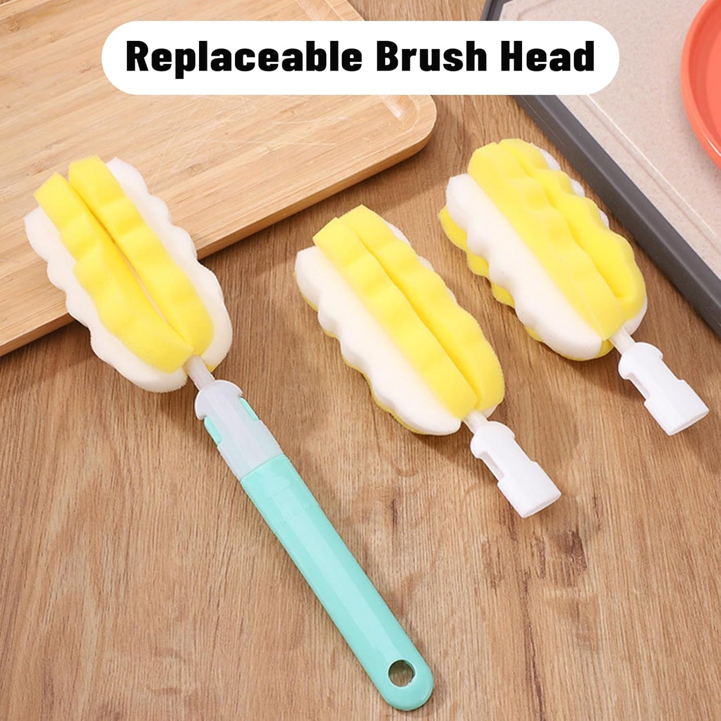 INVODA 4PCS Bottle Brush Long Handle Cup Cleaner Brush Sponge Bottle Scrubber Replaceable Brush Head Portable Bottle Cleaning Brush for Baby Bottle Dishwashing Kitchen Clean Mugs (4PCS+ 4 Brush heads)