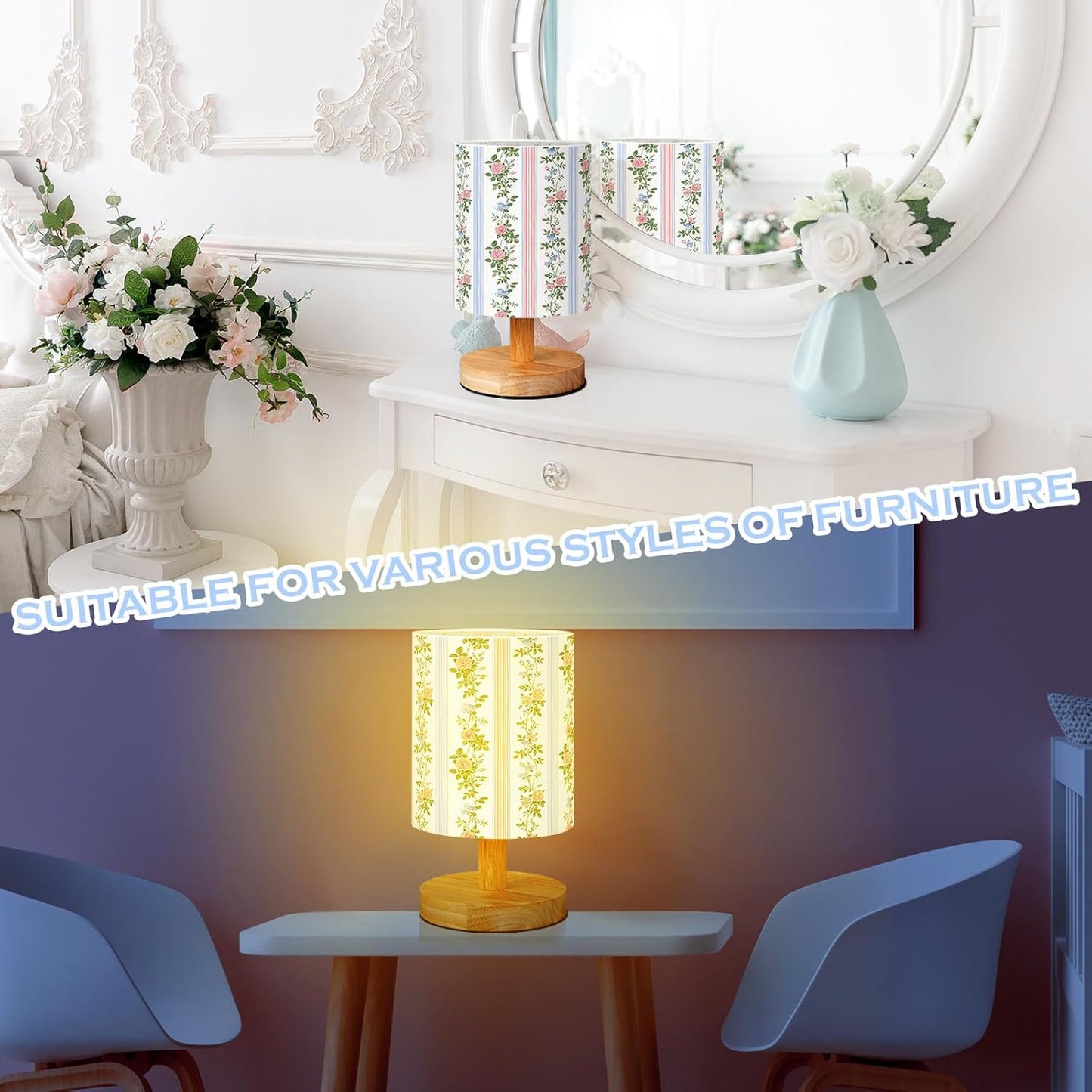 VIHOSE Preppy Kids Table Lamp for Bedroom Kids Bedside Lamp with Linen Wooden Nightstand Cartoon Nursery Lampshade for Girls Boys Living Room